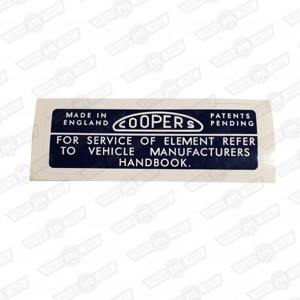 DECAL- AIR FILTER-'COOPERS'-'59-'71-NOT 997 (blue/white)