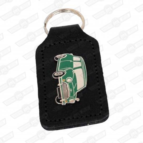 KEY FOB- BLACK LEATHER WITH GREEN MINI BADGE